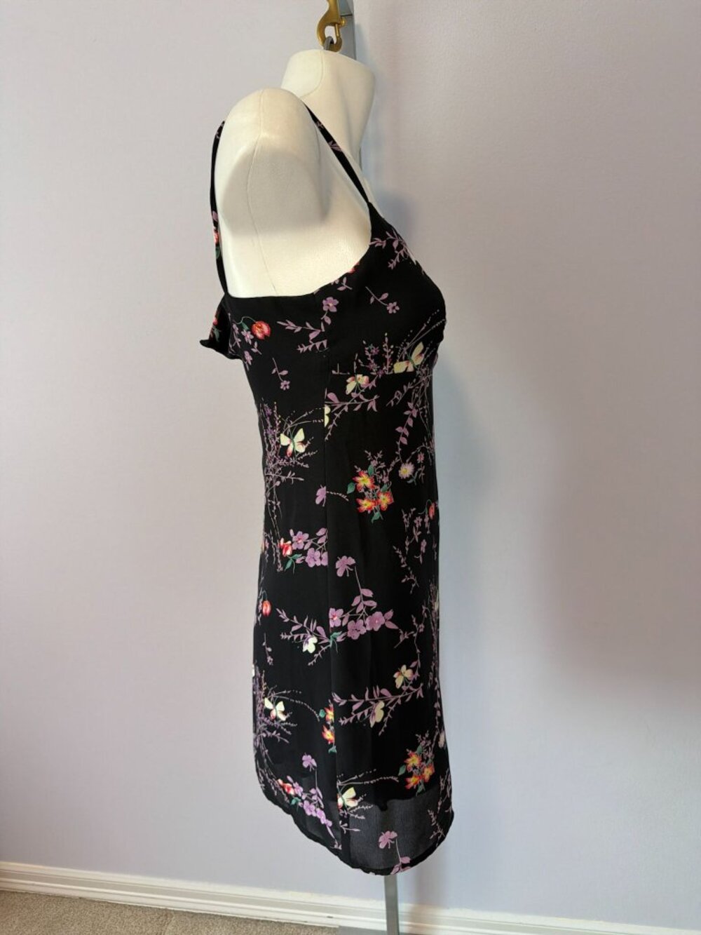 Vintage 90s Y2K Whimsigoth Grunge Black Floral Mini Ditsy Slip Dress Size 3 - Picture 4 of 7